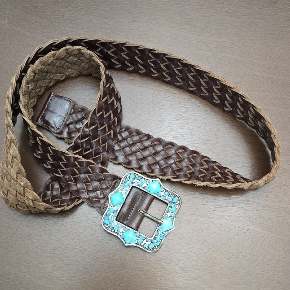 TURQUOISE buckle On Brown Woven Belt ML 50" - Picture 1 of 1